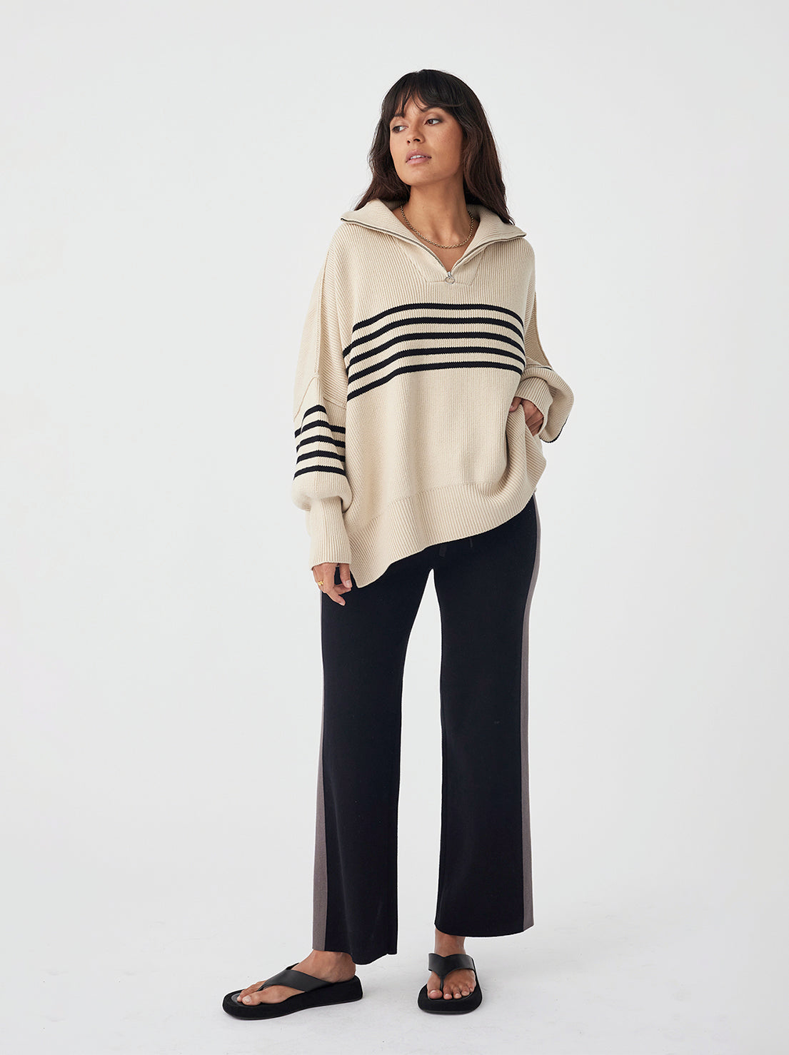 Arcaa Movement - London Zip Stripe Sweater - Sand & Black