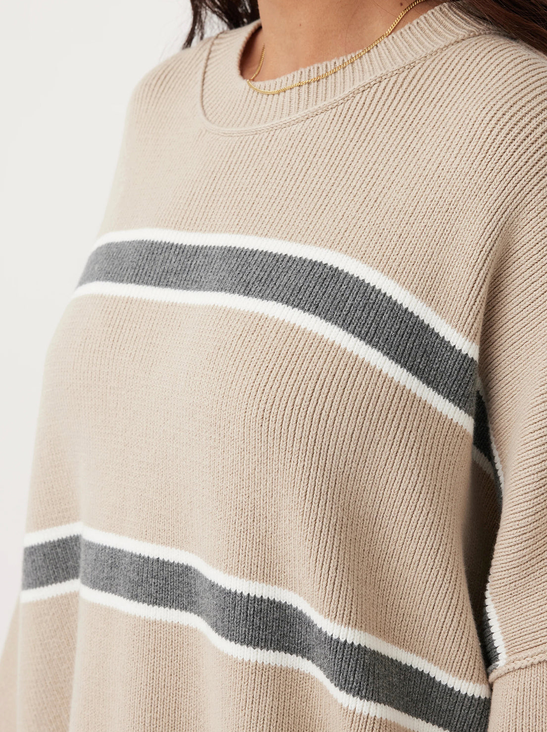 Arcaa Movement - Harper Stripe Organic Knit Sweater - Taupe, Cream & Dark Grey Marle