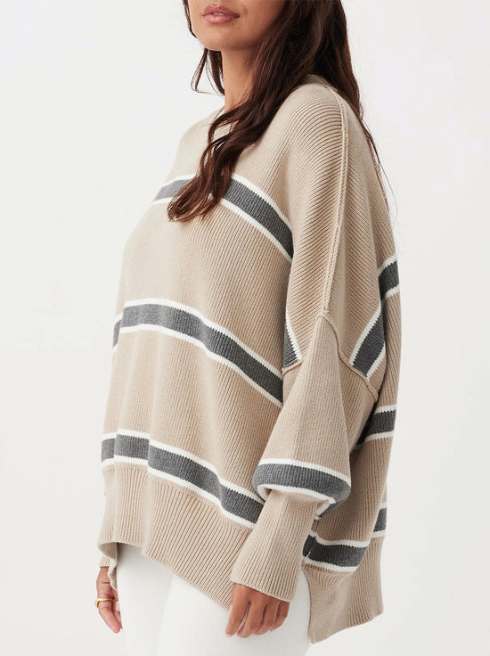 Arcaa Movement - Harper Stripe Organic Knit Sweater - Taupe, Cream & Dark Grey Marle