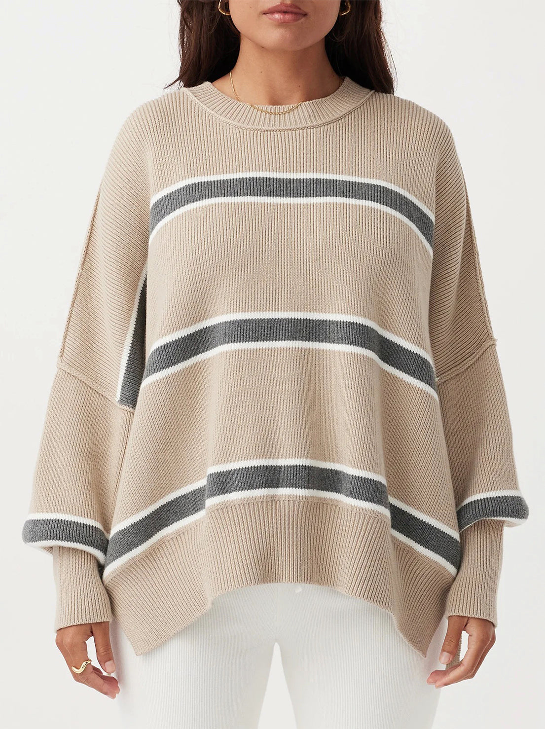 Arcaa Movement - Harper Stripe Organic Knit Sweater - Taupe, Cream & Dark Grey Marle