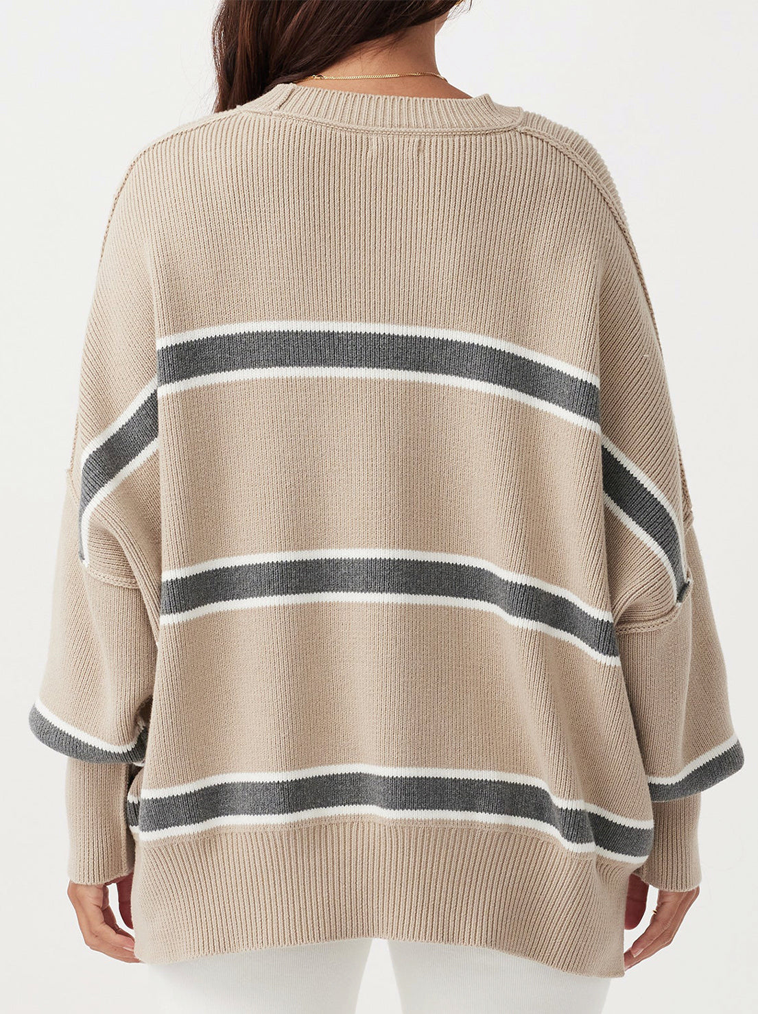 Arcaa Movement - Harper Stripe Organic Knit Sweater - Taupe, Cream & Dark Grey Marle