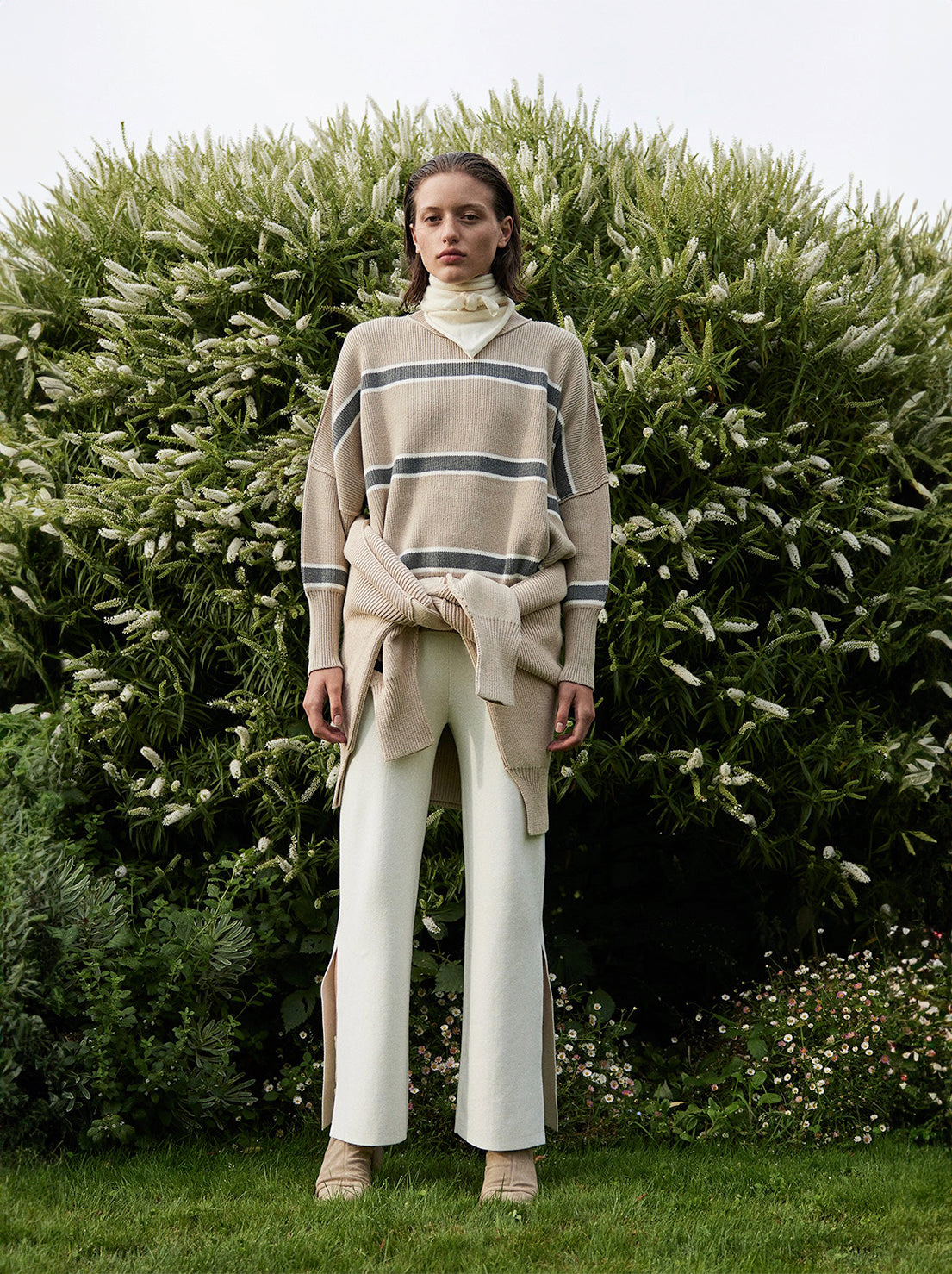 Arcaa Movement - Harper Stripe Organic Knit Sweater - Taupe, Cream & Dark Grey Marle