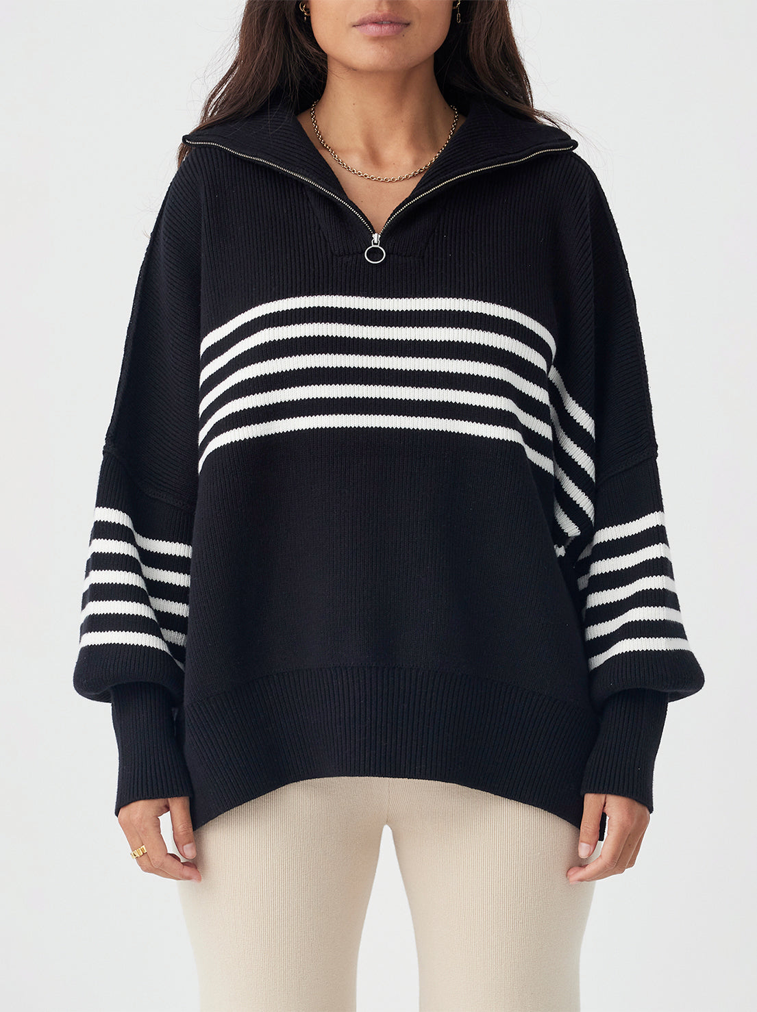 Arcaa Movement - London Zip Stripe Sweater - Black & Cream