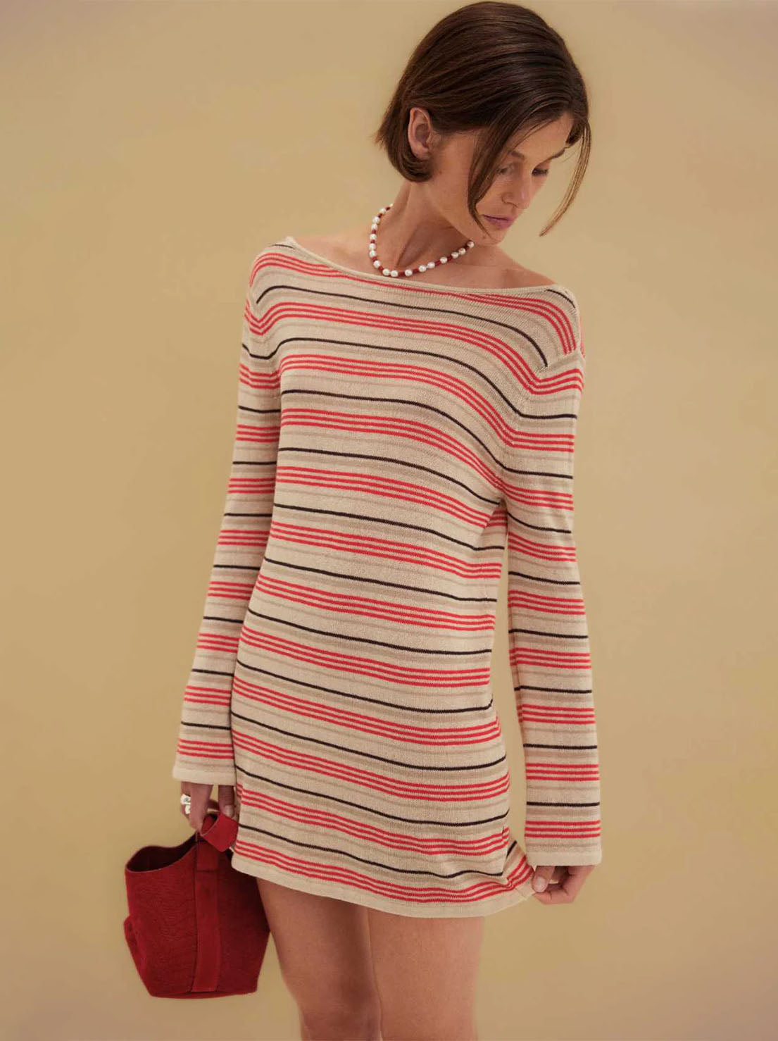 Arcaa Movement - Nia Long Sleeve Mini Dress - Flame & Taupe Stripe