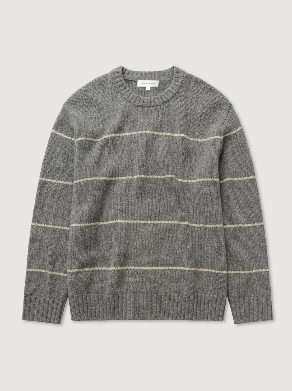 Assembly - Luca Merino Stripe Crew Neck Knit - Grey Marle/Natural Stripe