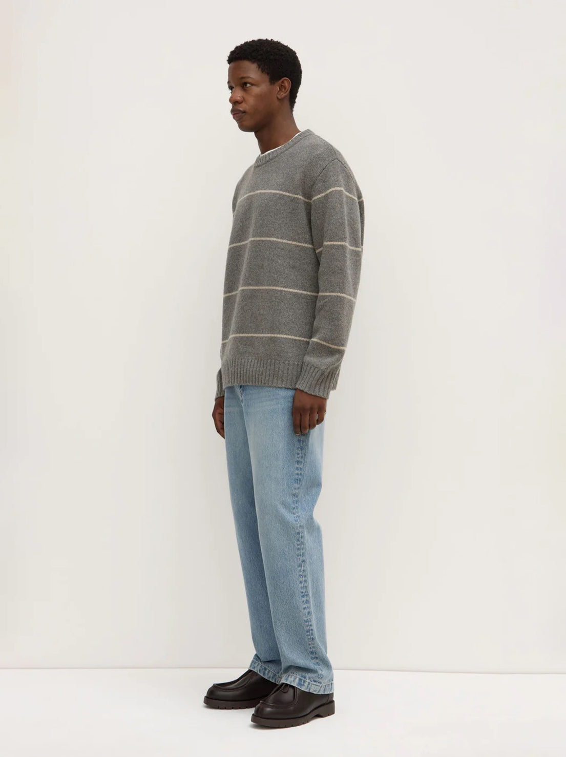 Assembly - Luca Merino Stripe Crew Neck Knit - Grey Marle/Natural Stripe