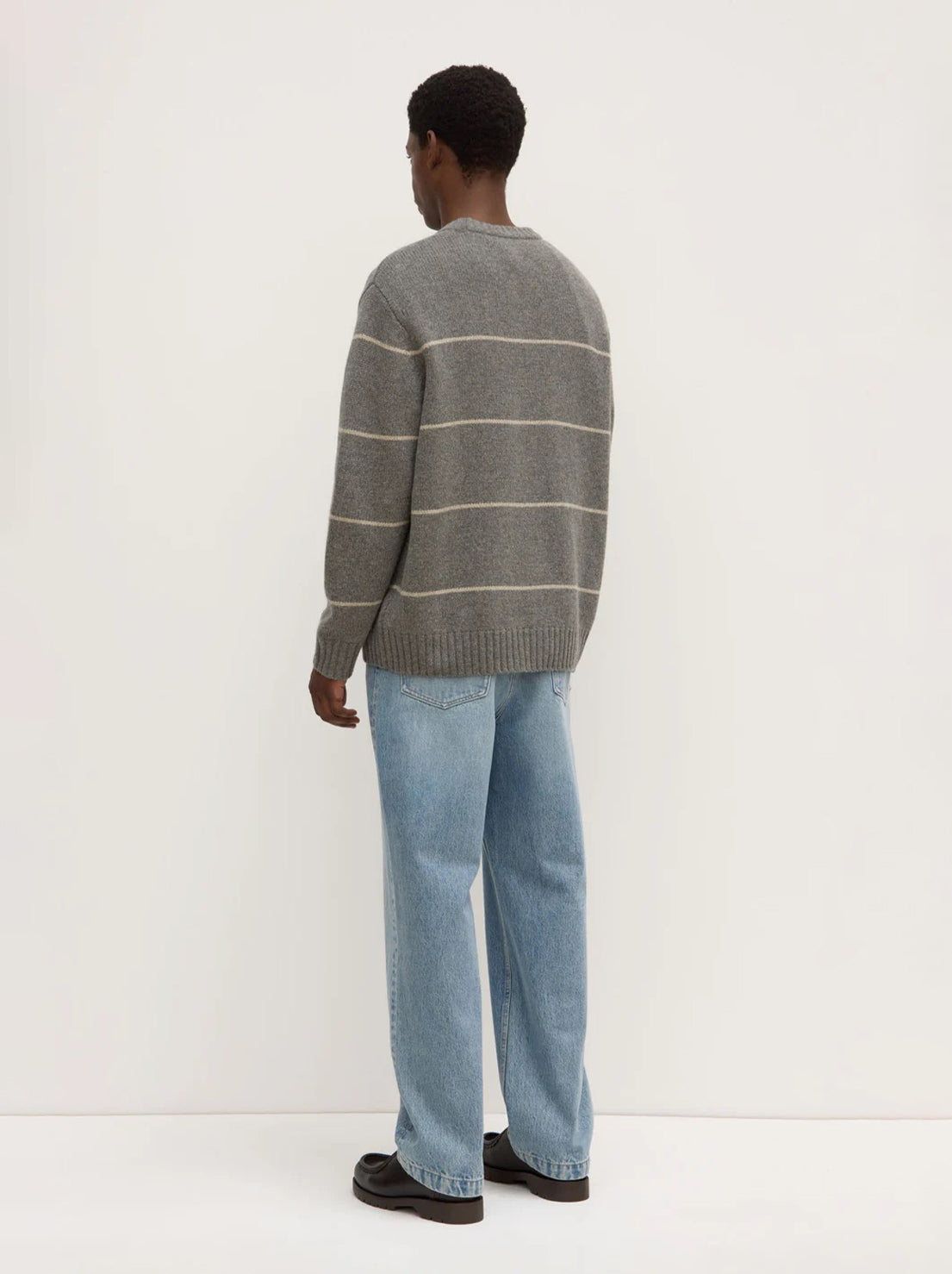 Assembly - Luca Merino Stripe Crew Neck Knit - Grey Marle/Natural Stripe