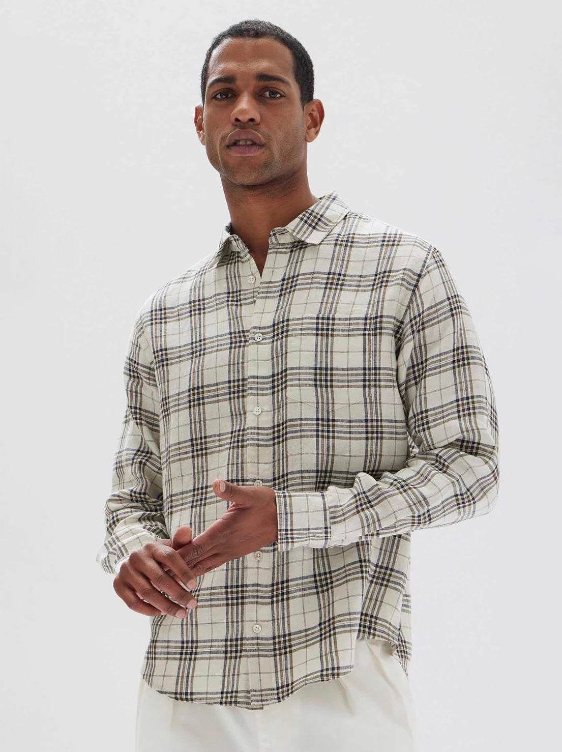 Assembly - Mercer Linen Check Long Sleeve Shirt - Limestone/Military Check