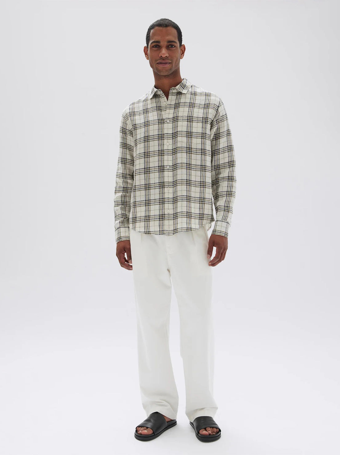 Assembly - Mercer Linen Check Long Sleeve Shirt - Limestone/Military Check