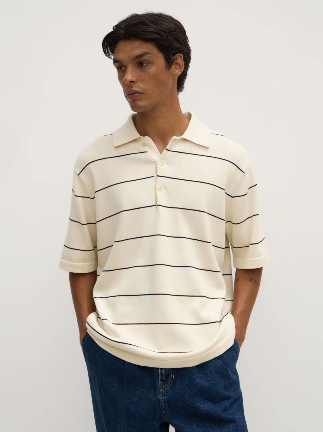 Assembly - Simon Stripe Knit Polo - Cream / True Navy