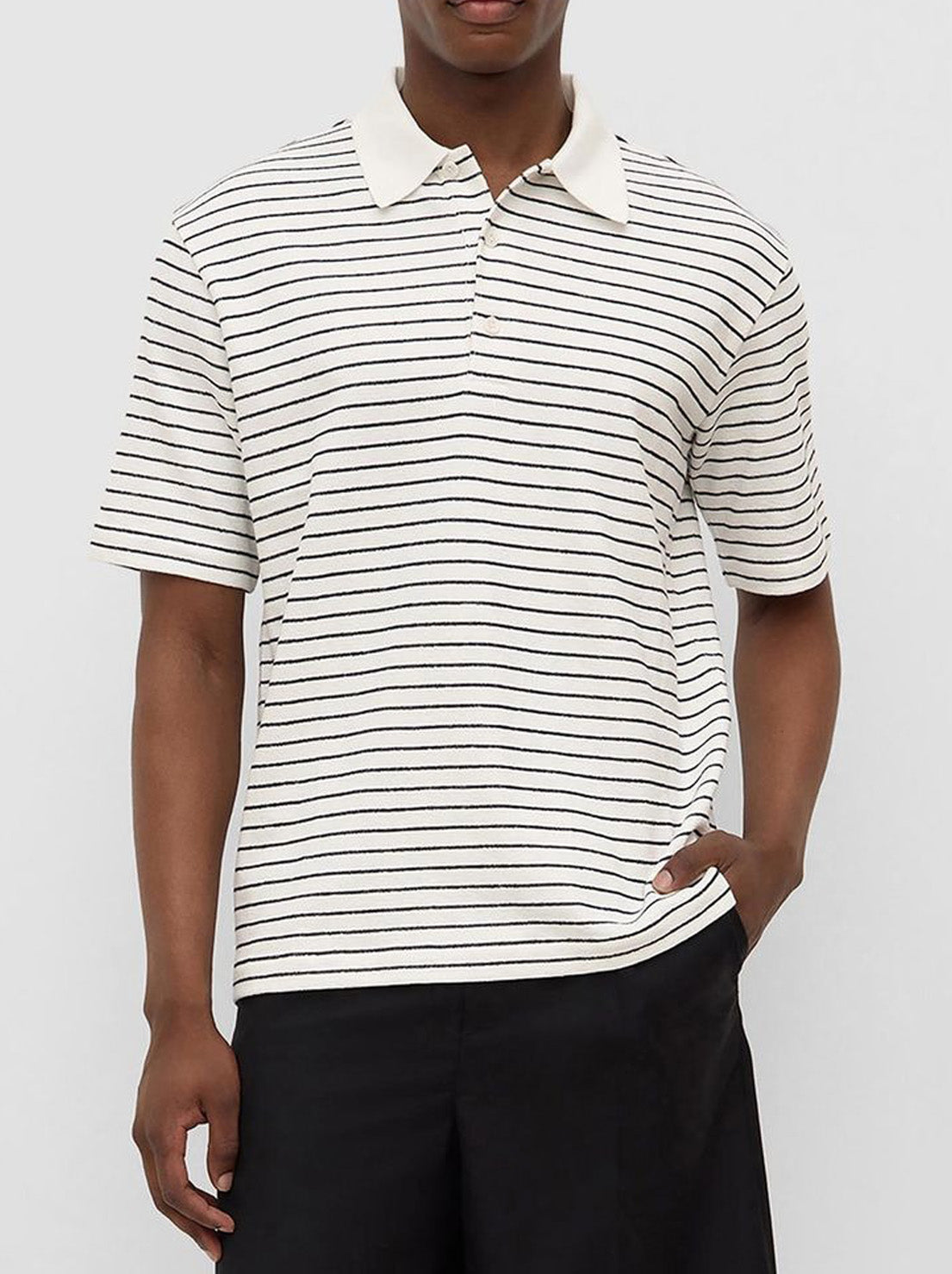 Assembly - Volley Stripe Short Sleeve Polo Shirt - Antique White/True Navy