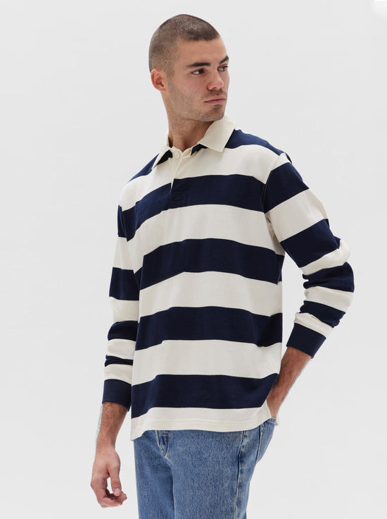 Assembly - Wade Striped Long Sleeve Polo - True Navy / White