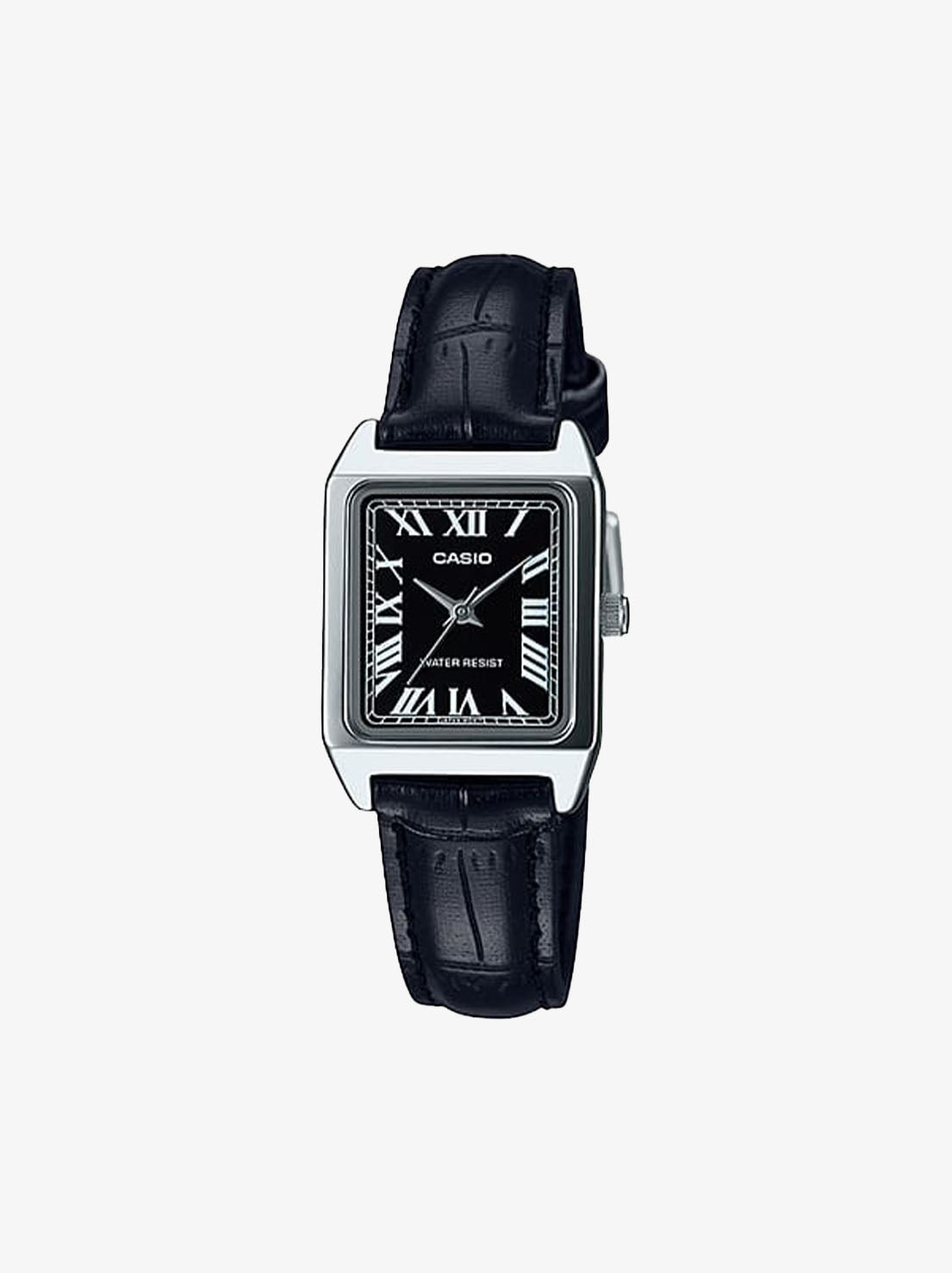 Casio - Chrome Plated Leather Analogue Watch - Silver/Black Dial/Black Band (LTPV007L-1B)
