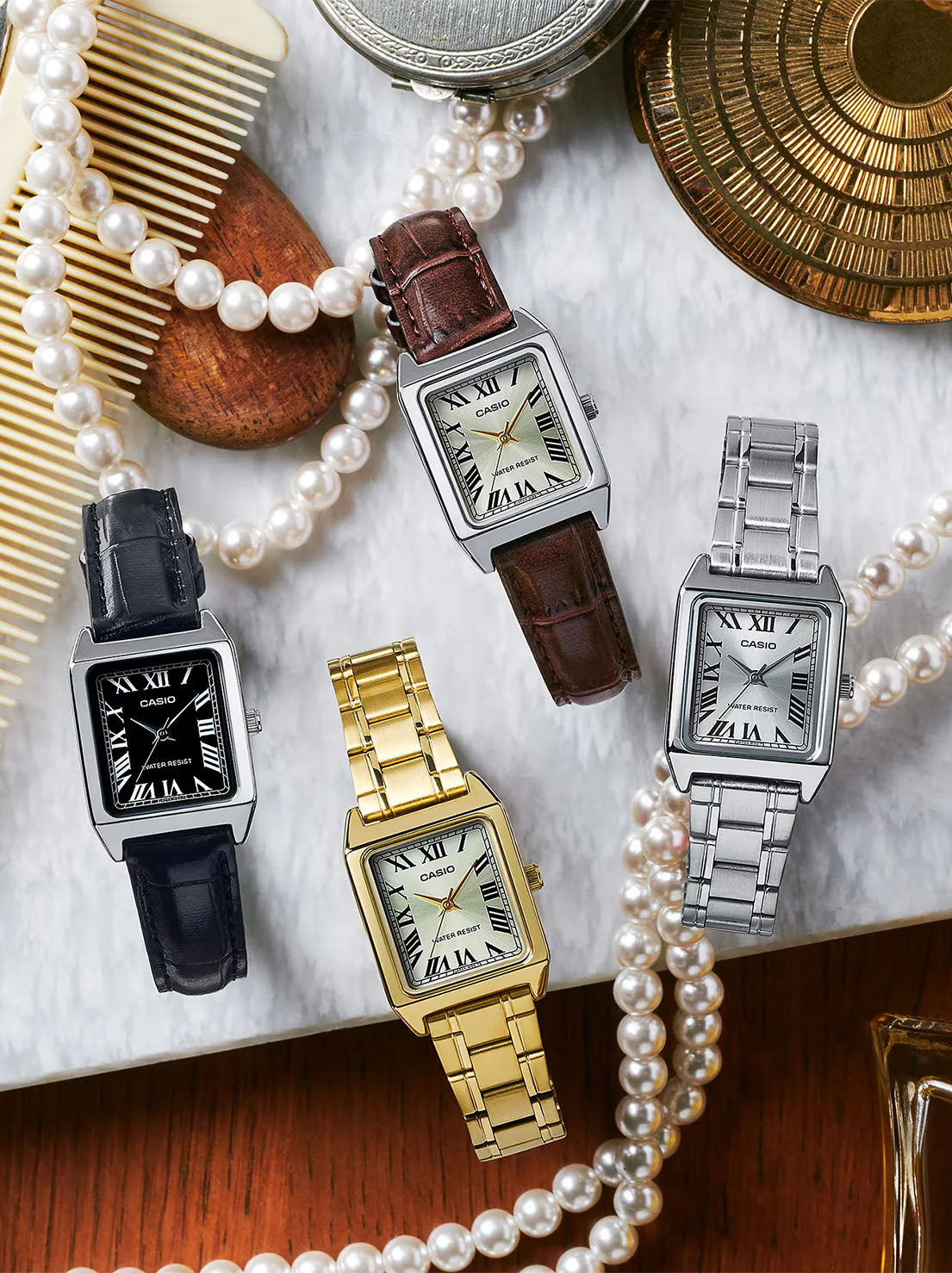 Casio - Chrome Plated Leather Analogue Watch - Silver/Black Dial/Black Band (LTPV007L-1B)