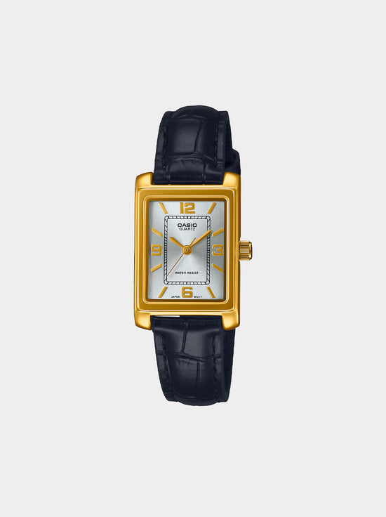 Casio - Gold Tone Black Leather Analogue Watch - Gold/Black Band (LTP-1234PGL-7A2)