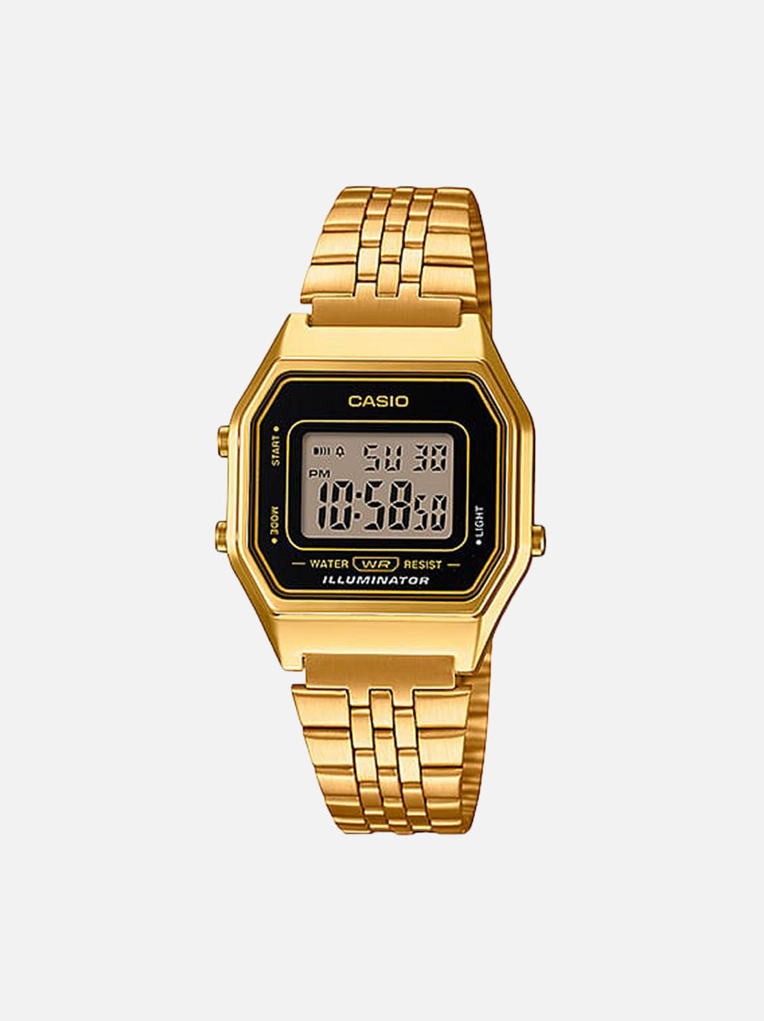 Casio - Ladies Digital Stop Watch - Black Face / Gold Plated Stainless Steel Band (LA680WGA-1D)