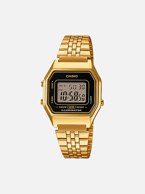 Casio - Ladies Digital Stop Watch - Black Face / Gold Plated Stainless Steel Band (LA680WGA-1D)