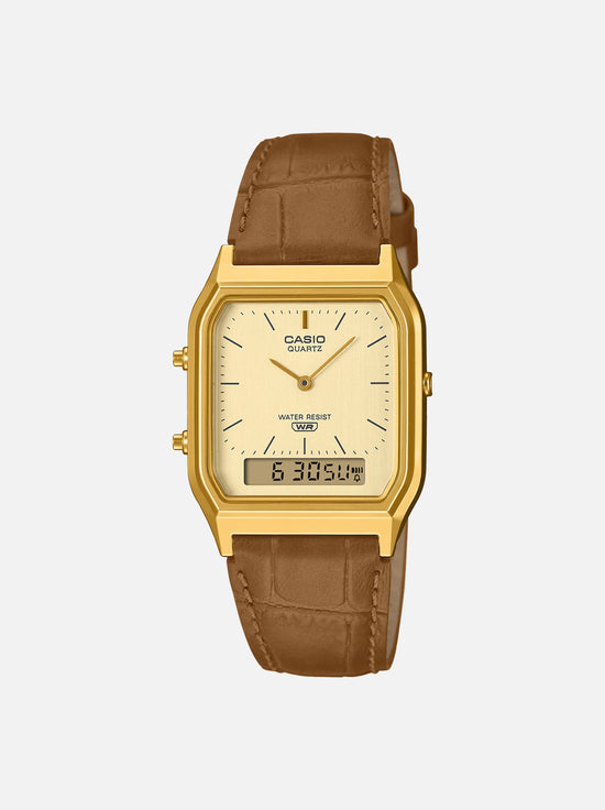 Casio - Men's Dress Duo Analogue Digital Watch - Brown Leather / Yellow Dial (AQ230EGL-9A)