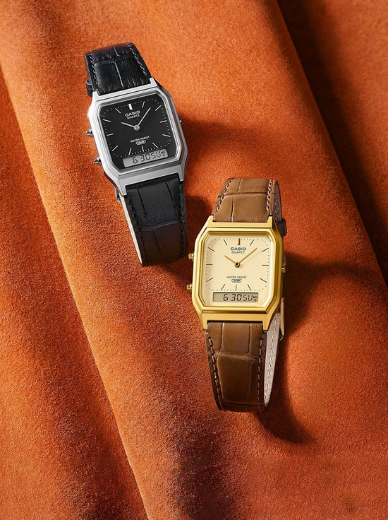 Casio - Men's Dress Duo Analogue Digital Watch - Brown Leather / Yellow Dial (AQ230EGL-9A)