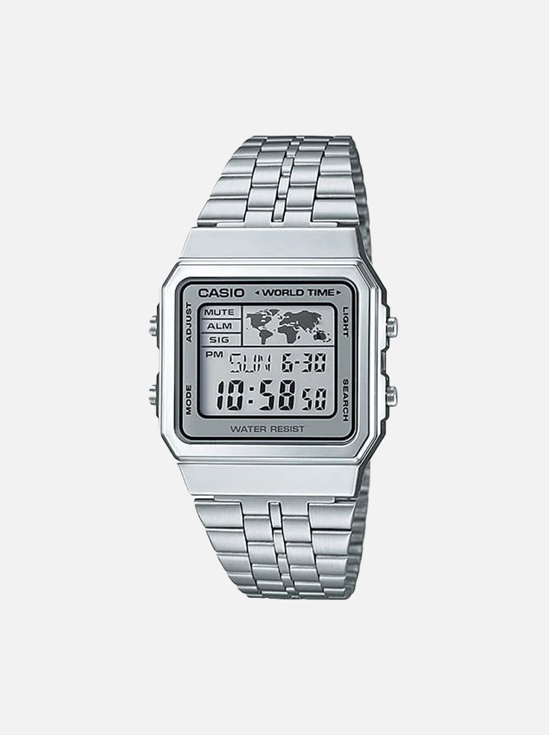 Casio - Retro World Time Digital Watch - Silver / Stainless Steel Band (A500WA-7D)
