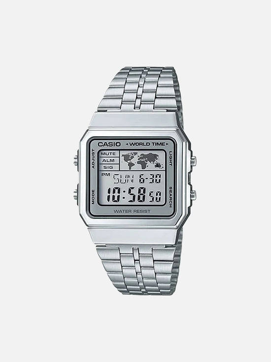 Casio - Retro World Time Digital Watch - Silver / Stainless Steel Band (A500WA-7D)
