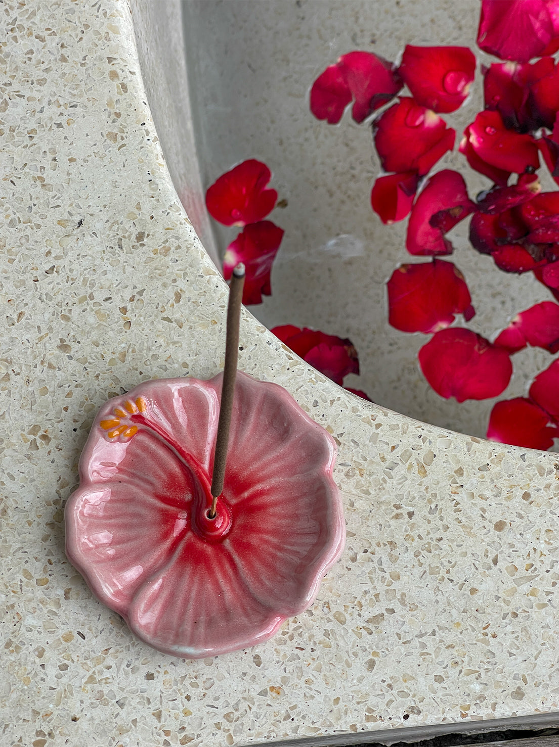 In Time Incense - Hibiscus Ceramic Incense Holder - Sunset Red