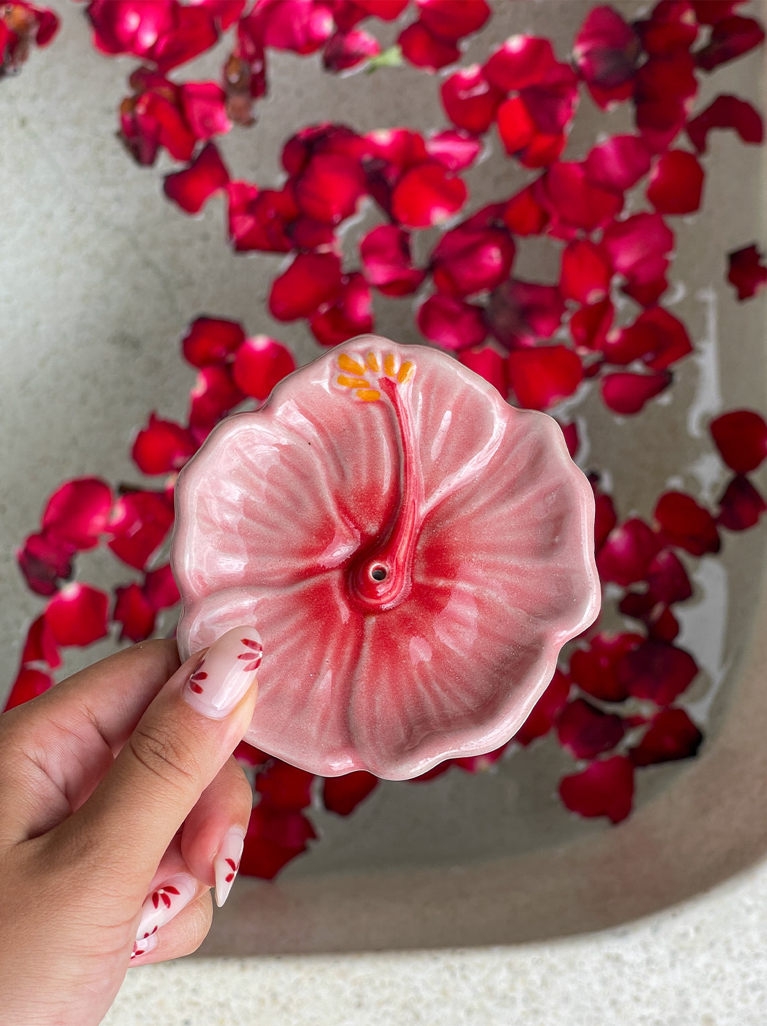 In Time Incense - Hibiscus Ceramic Incense Holder - Sunset Red