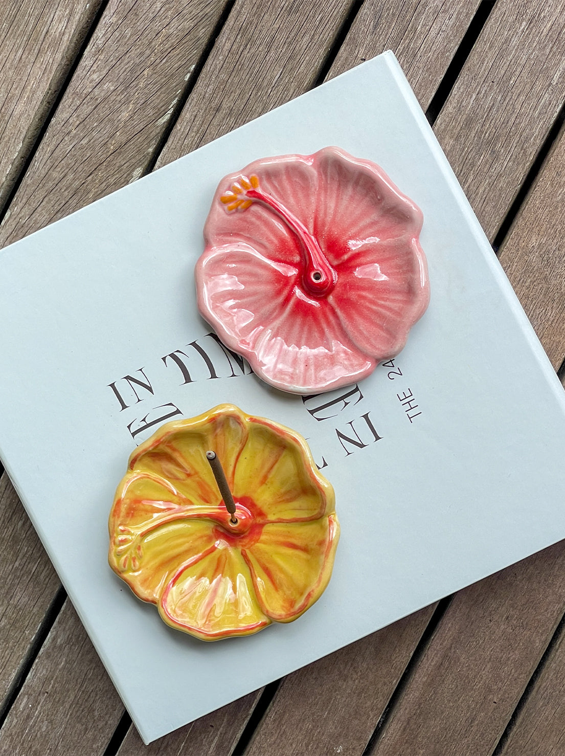 In Time Incense - Hibiscus Ceramic Incense Holder - Sunset Red