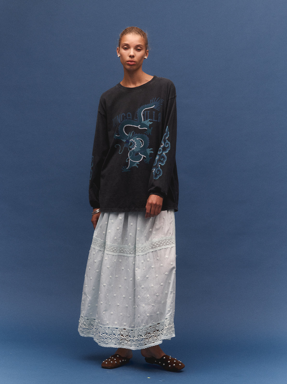 Kinga Csilla - Rex Dragon Roses LS Tee - Stone-washed Black