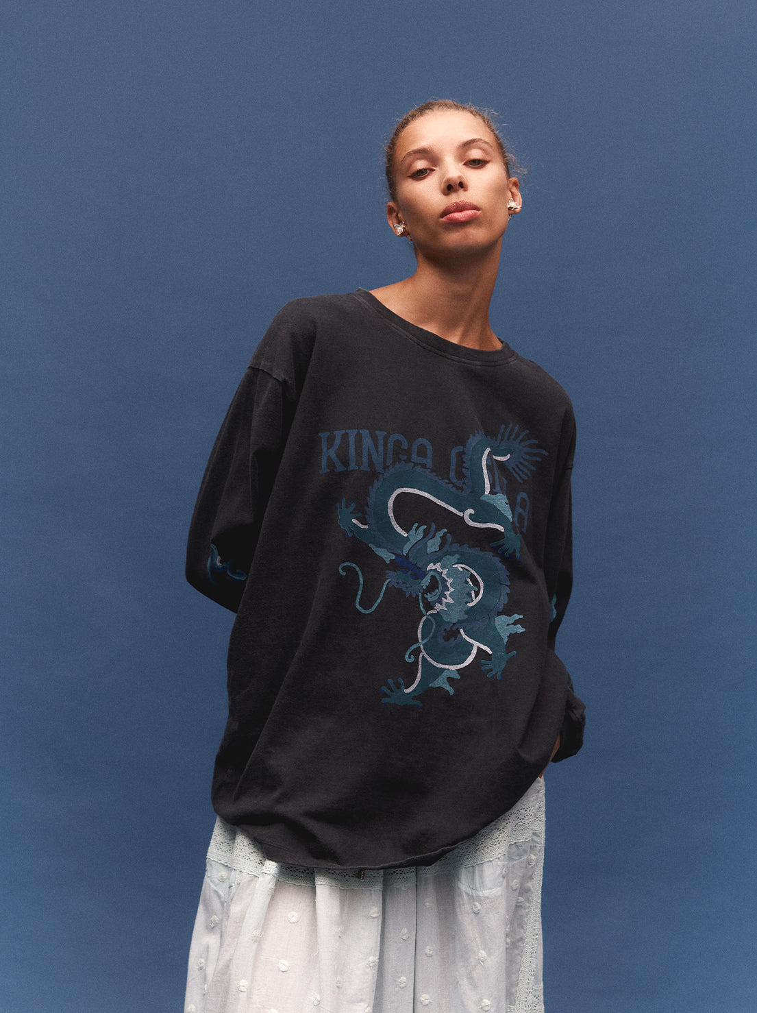 Kinga Csilla - Rex Dragon Roses LS Tee - Stone-washed Black