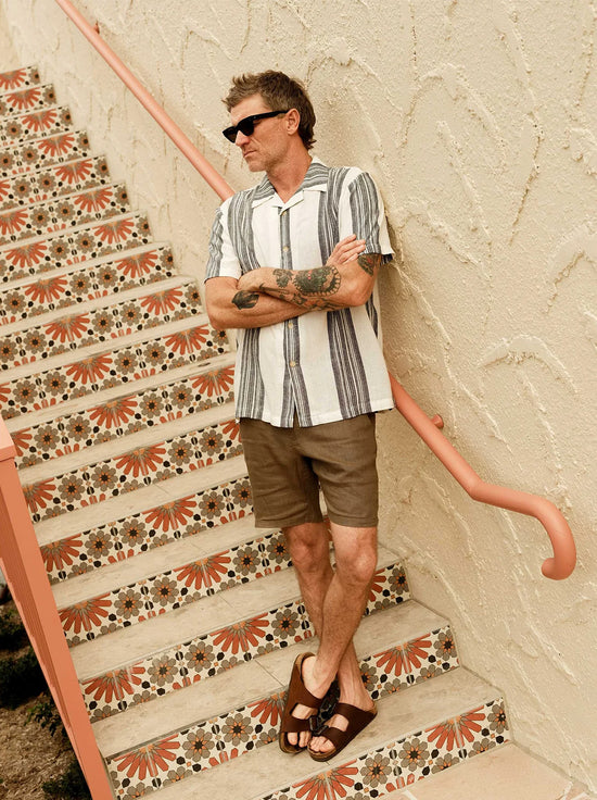 Mr Simple - Sun Lounge Short Sleeve Shirt - White Navy Stripe