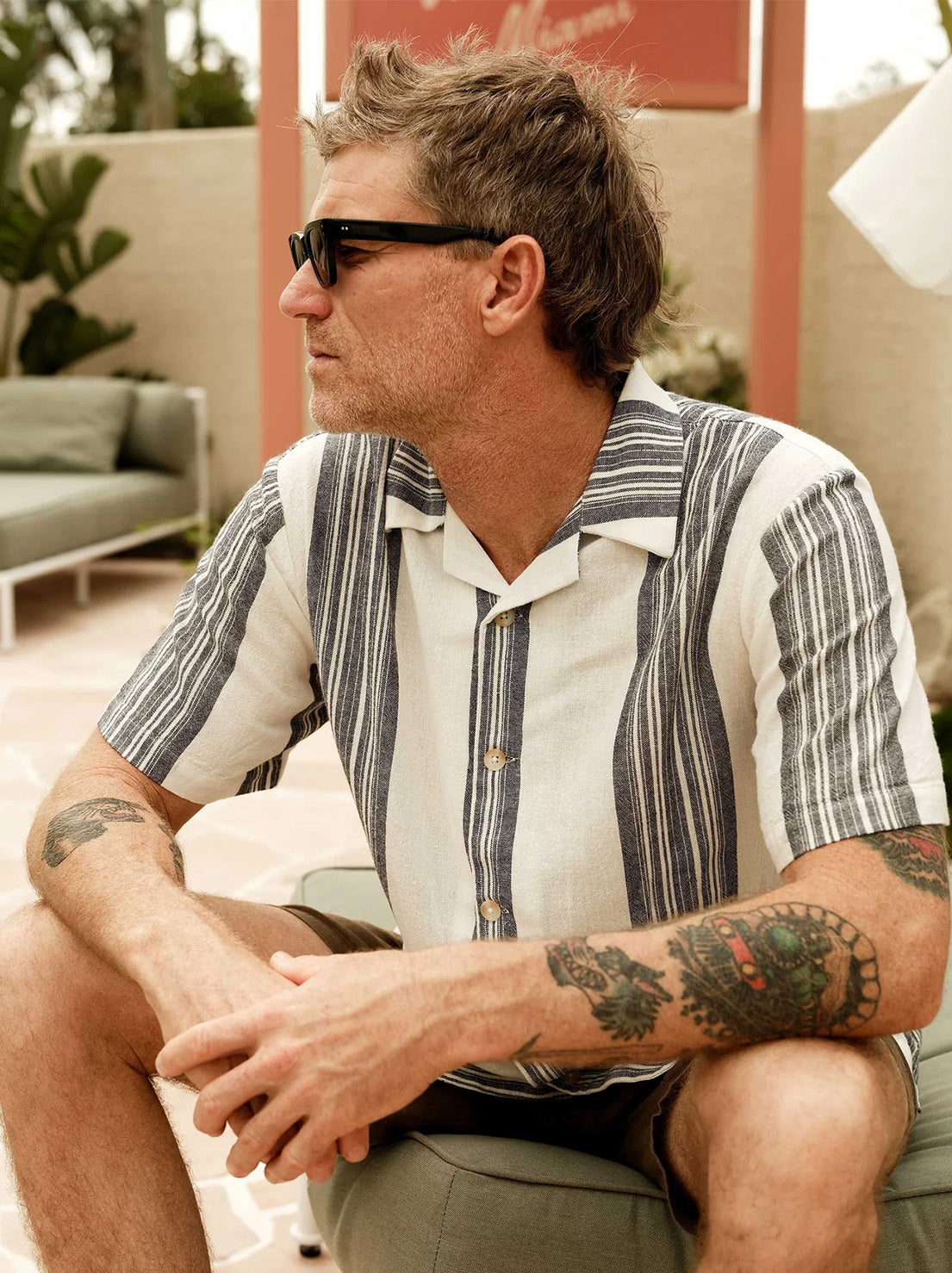 Mr Simple - Sun Lounge Short Sleeve Shirt - White Navy Stripe