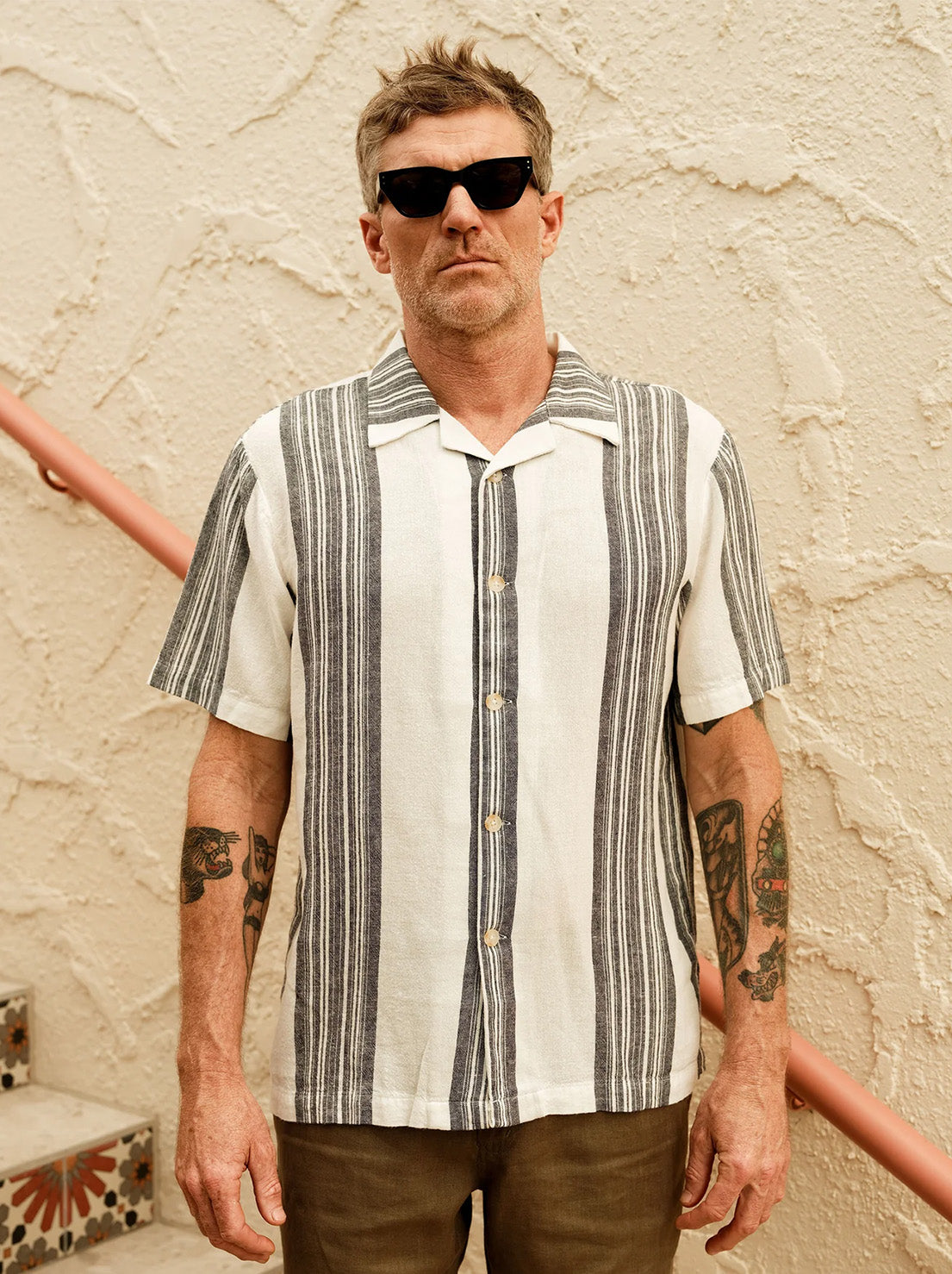 Mr Simple - Sun Lounge Short Sleeve Shirt - White Navy Stripe