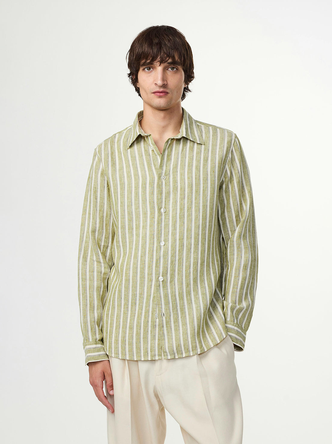 No Nationality - Enzo 5728 - Classic Collar LS Linen Shirt - Green Stripe