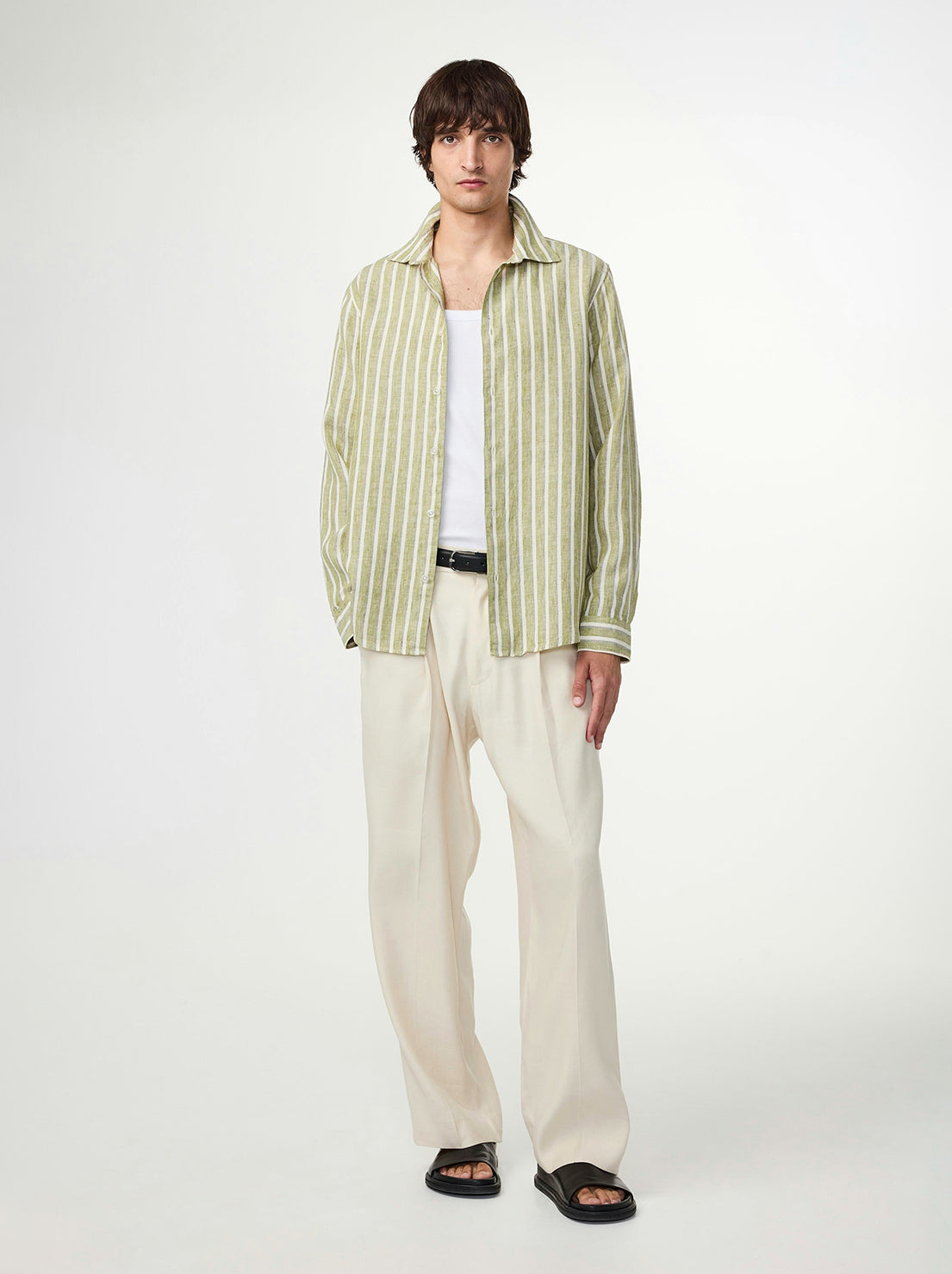 No Nationality - Enzo 5728 - Classic Collar LS Linen Shirt - Green Stripe