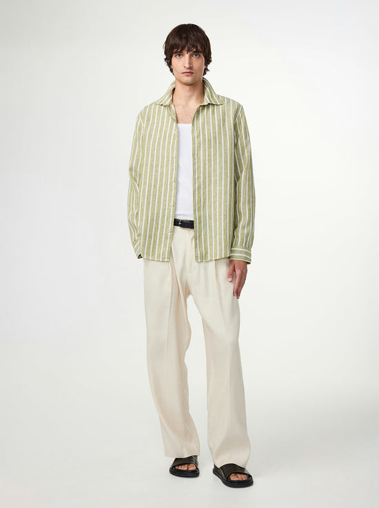 No Nationality - Enzo 5728 - Classic Collar LS Linen Shirt - Green Stripe
