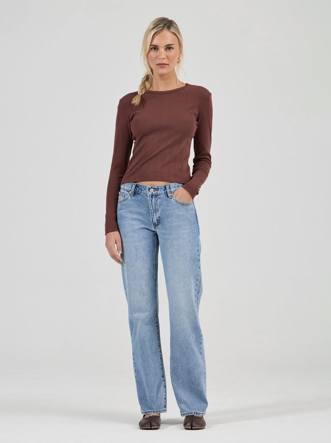 Rolla's - Pointelle Classic Long Sleeve Top - Chocolate