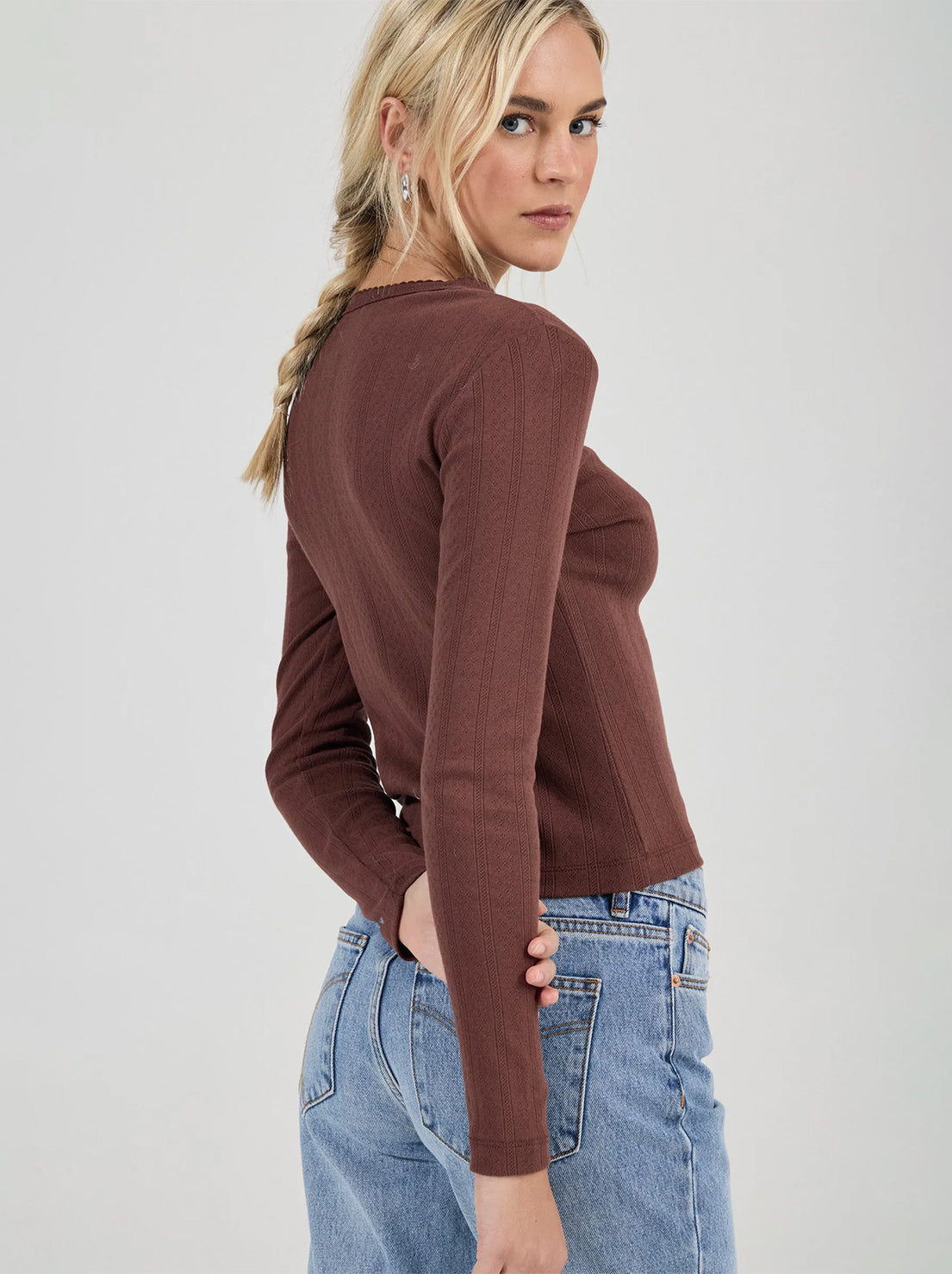 Rolla's - Pointelle Classic Long Sleeve Top - Chocolate