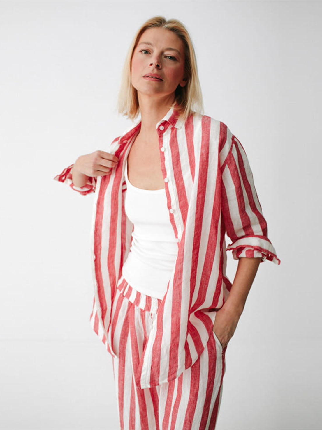 Seaside Tones - Kimi Striped Linen Shirt - Red