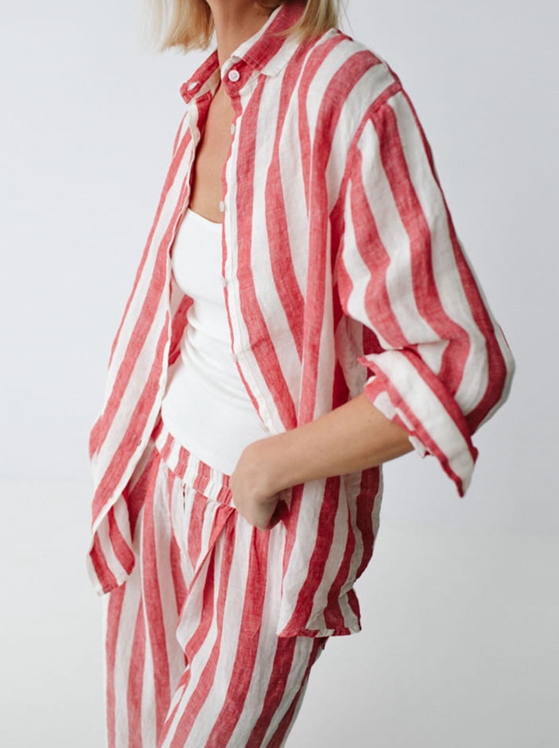 Seaside Tones - Kimi Striped Linen Shirt - Red