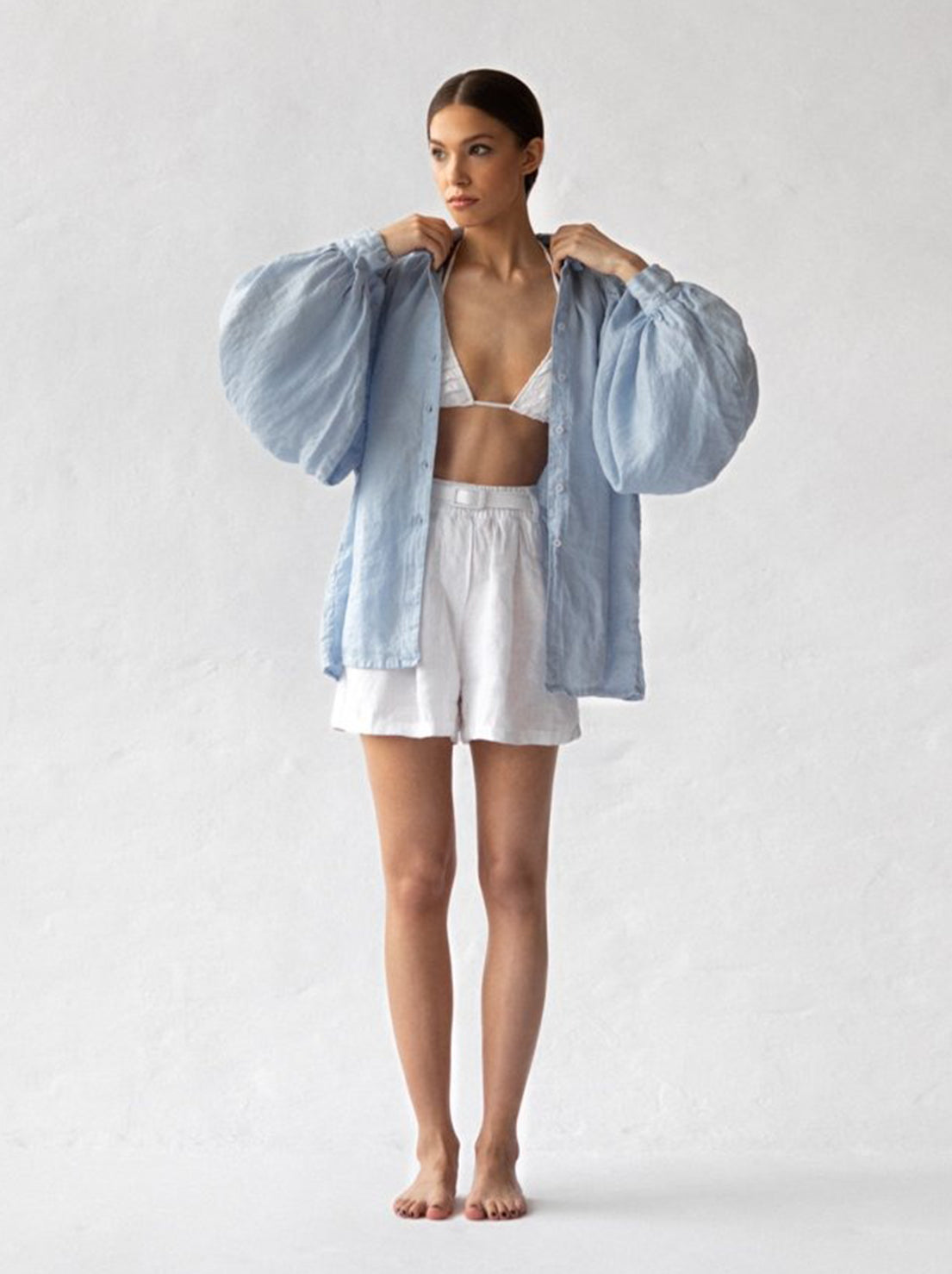 Seaside Tones - Lea Boho Linen Shirt - Light Blue