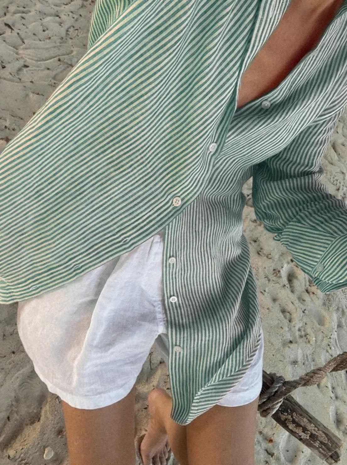 Seaside Tones - Striped Linen Shirt - Green