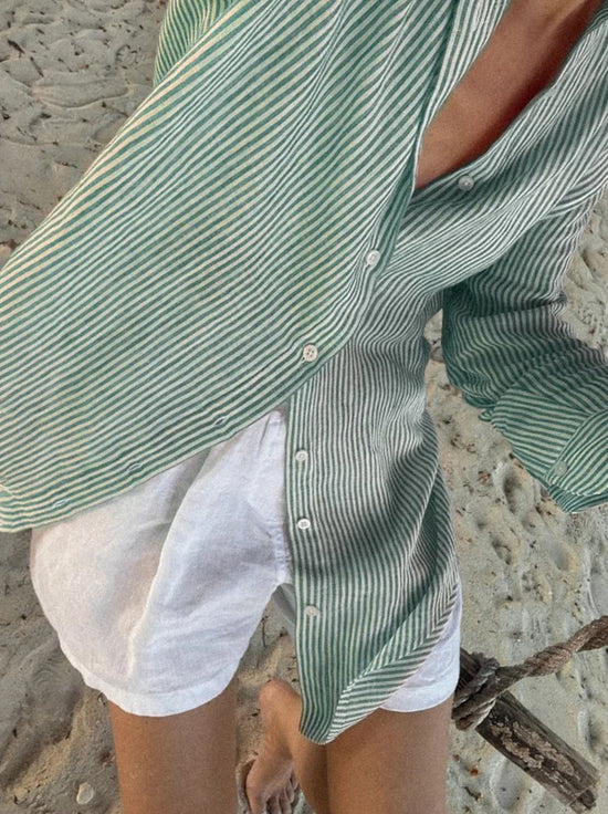Seaside Tones - Striped Linen Shirt - Green