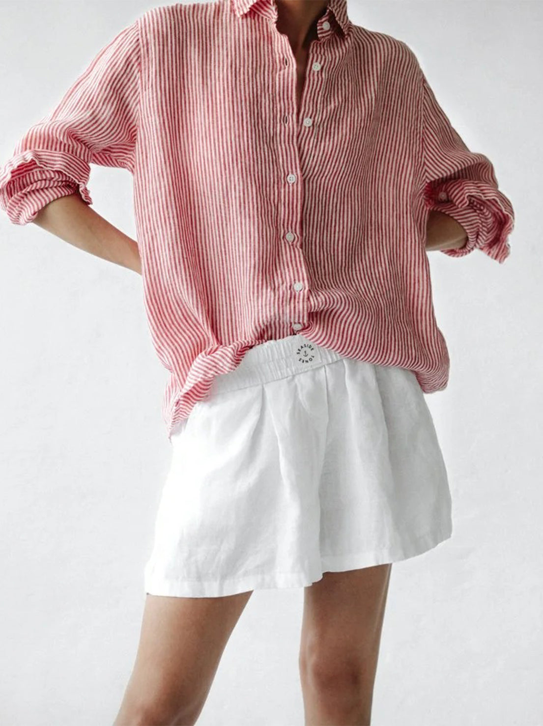 Seaside Tones - Striped Linen Shirt - Red