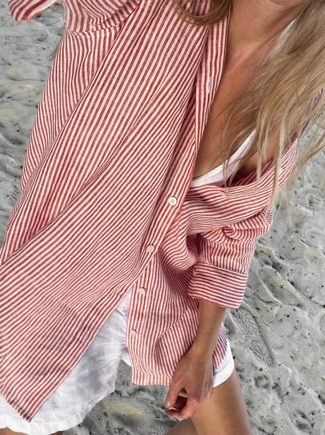 Seaside Tones - Striped Linen Shirt - Red