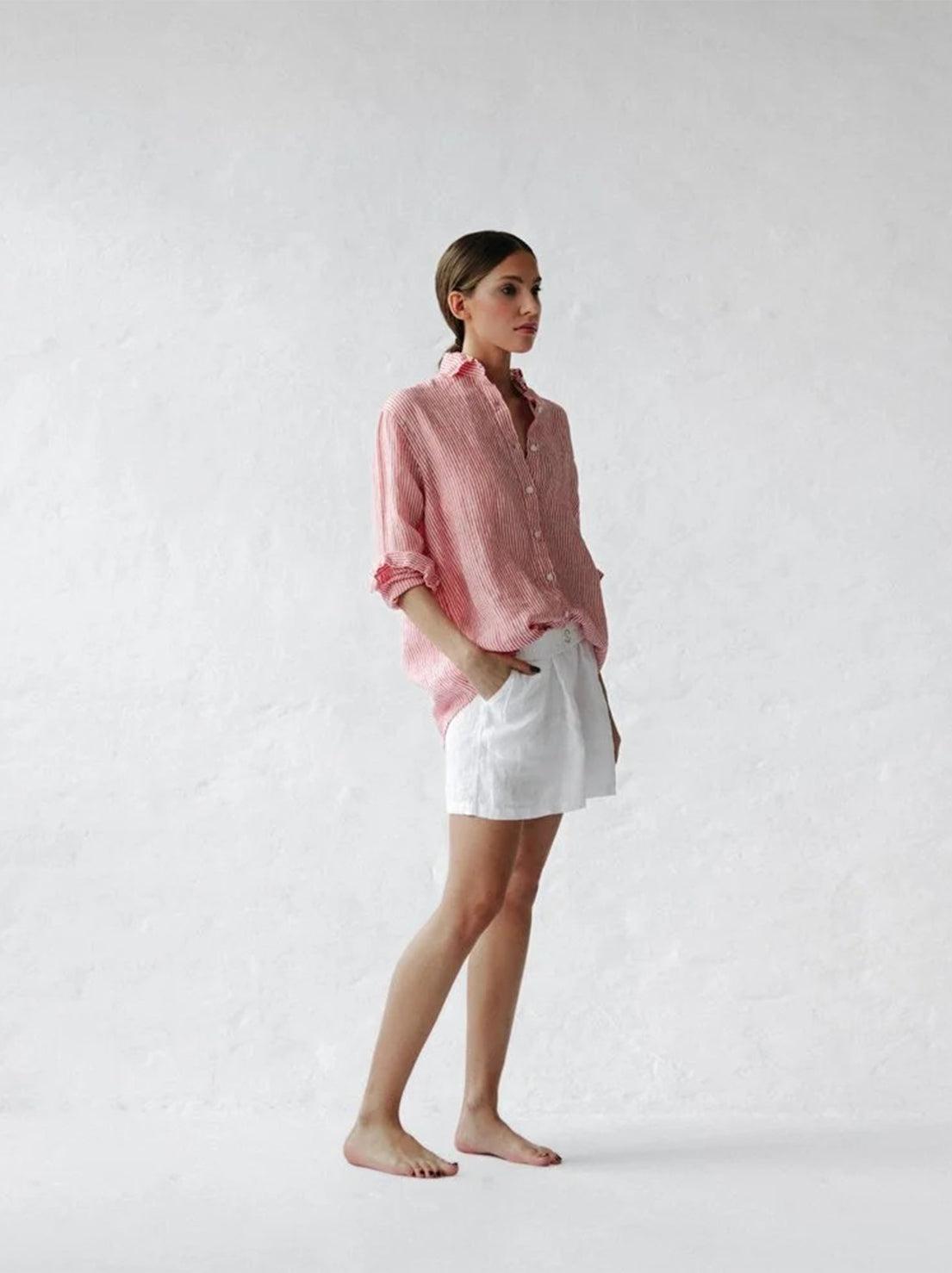 Seaside Tones - Striped Linen Shirt - Red