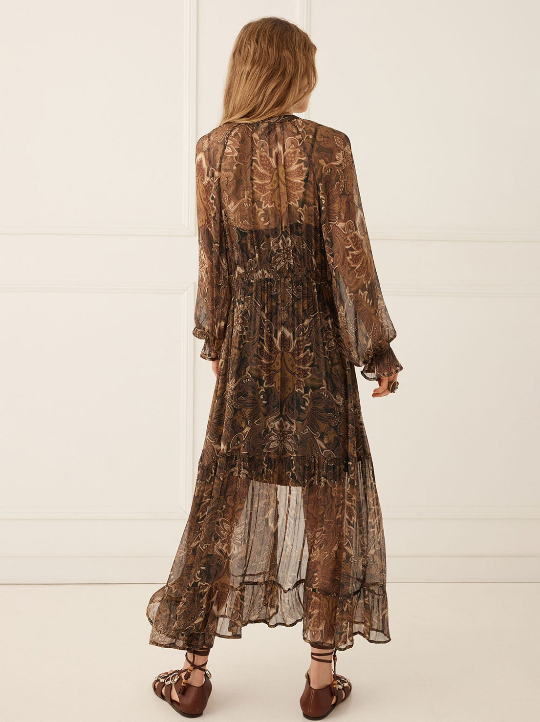 Spell - Damask Button Through Gown - Walnut Brown