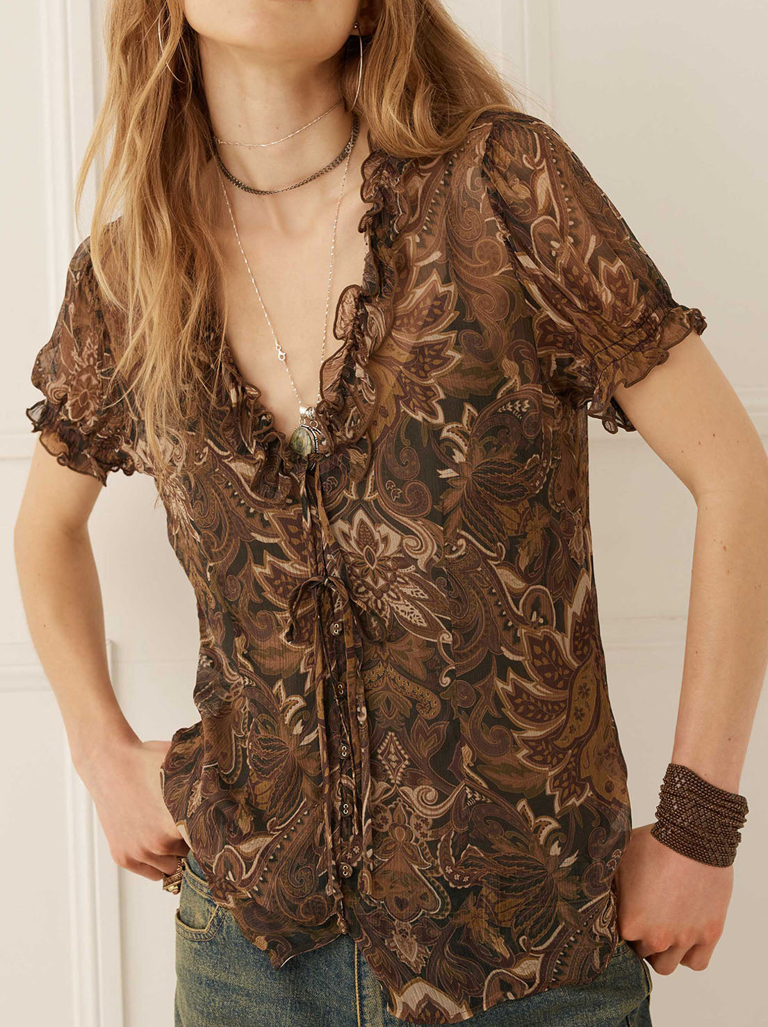 Spell - Damask Short Sleeve Blouse - Walnut Brown