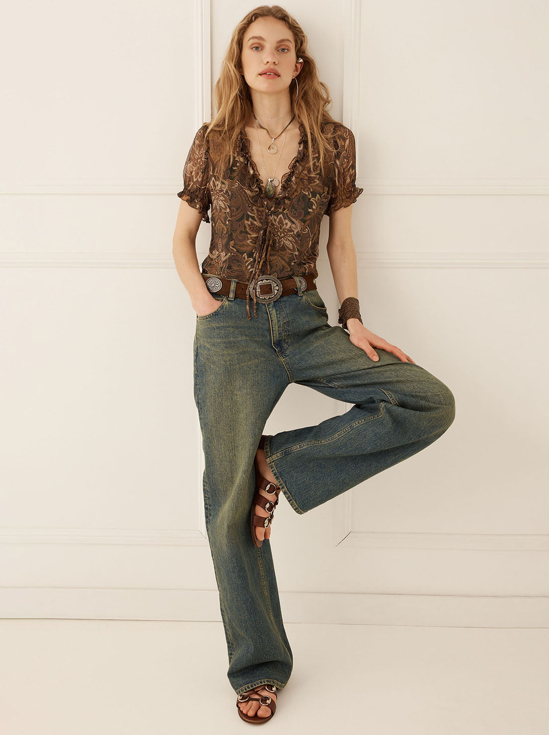 Spell - Damask Short Sleeve Blouse - Walnut Brown
