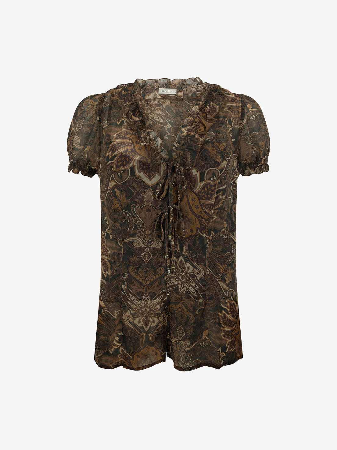 Spell - Damask Short Sleeve Blouse - Walnut Brown